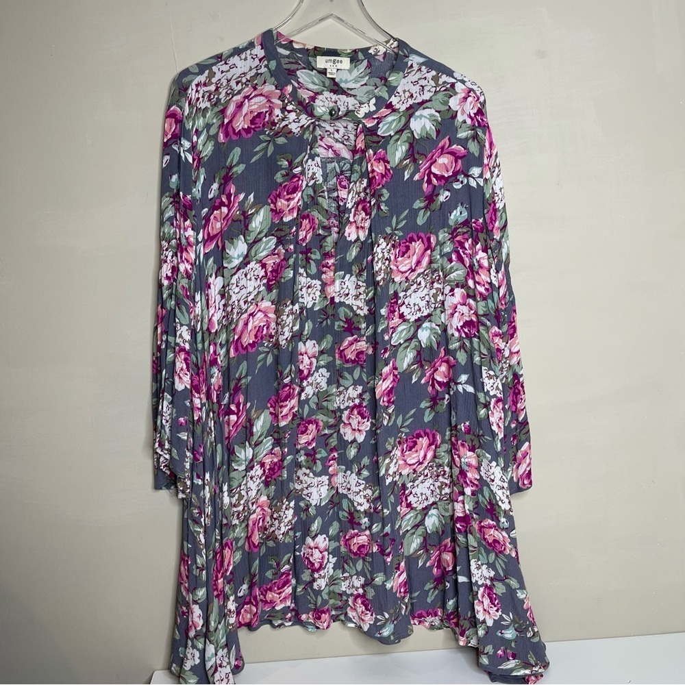 Umgee Gray Floral Oversized Keyhole Trapeze Dress